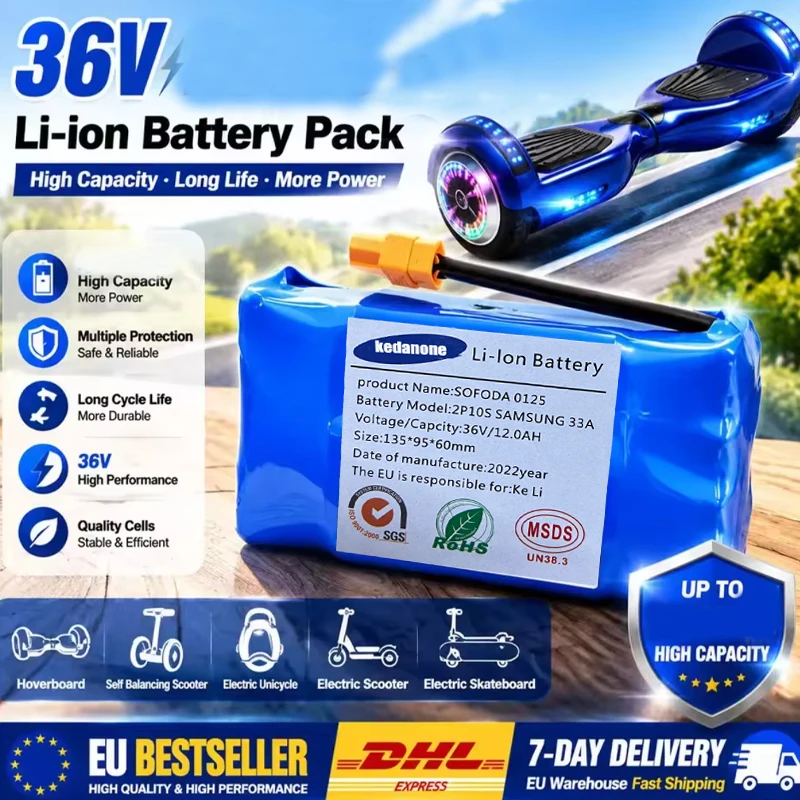 Nuovo pacco batteria agli ioni di litio da 36V 12Ah, per monopattino elettrico autobilanciante, hoverboard e monociclo, batteria 36V 10S2P