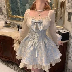 French Sweet Girl Cute Lolita 2024 Summer Slash Neck Patchwork Bow Drawstring Gauze Elegant Long Sleeved Puffy Princess Dress