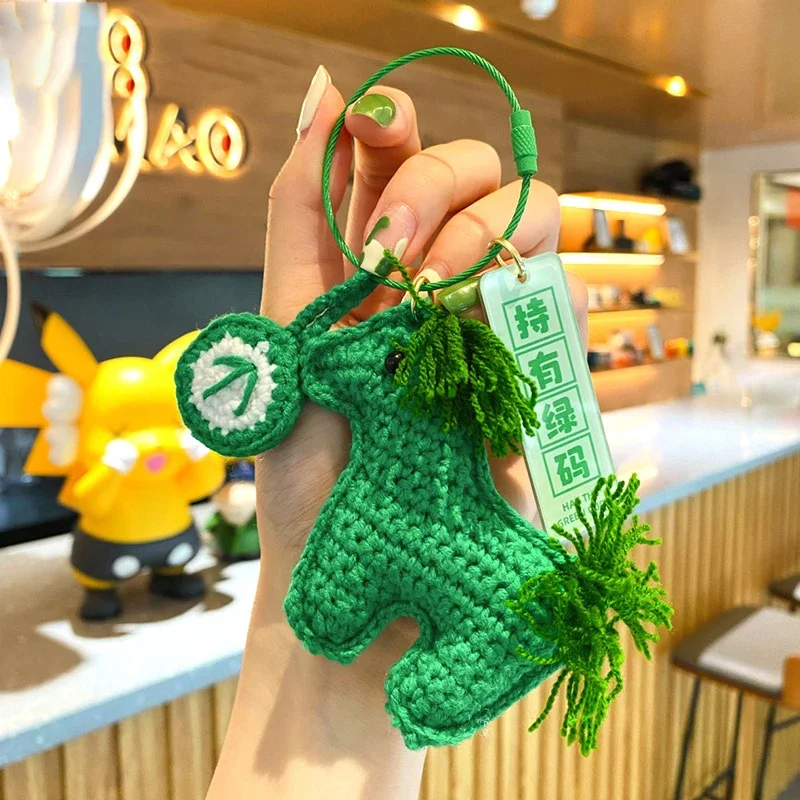 

Cartoon Wool Pure Hand-Woven Green Horse Pendant Keychain Female Cute Creative Hold Green Code Doll Key Chain Women Bag Pendant