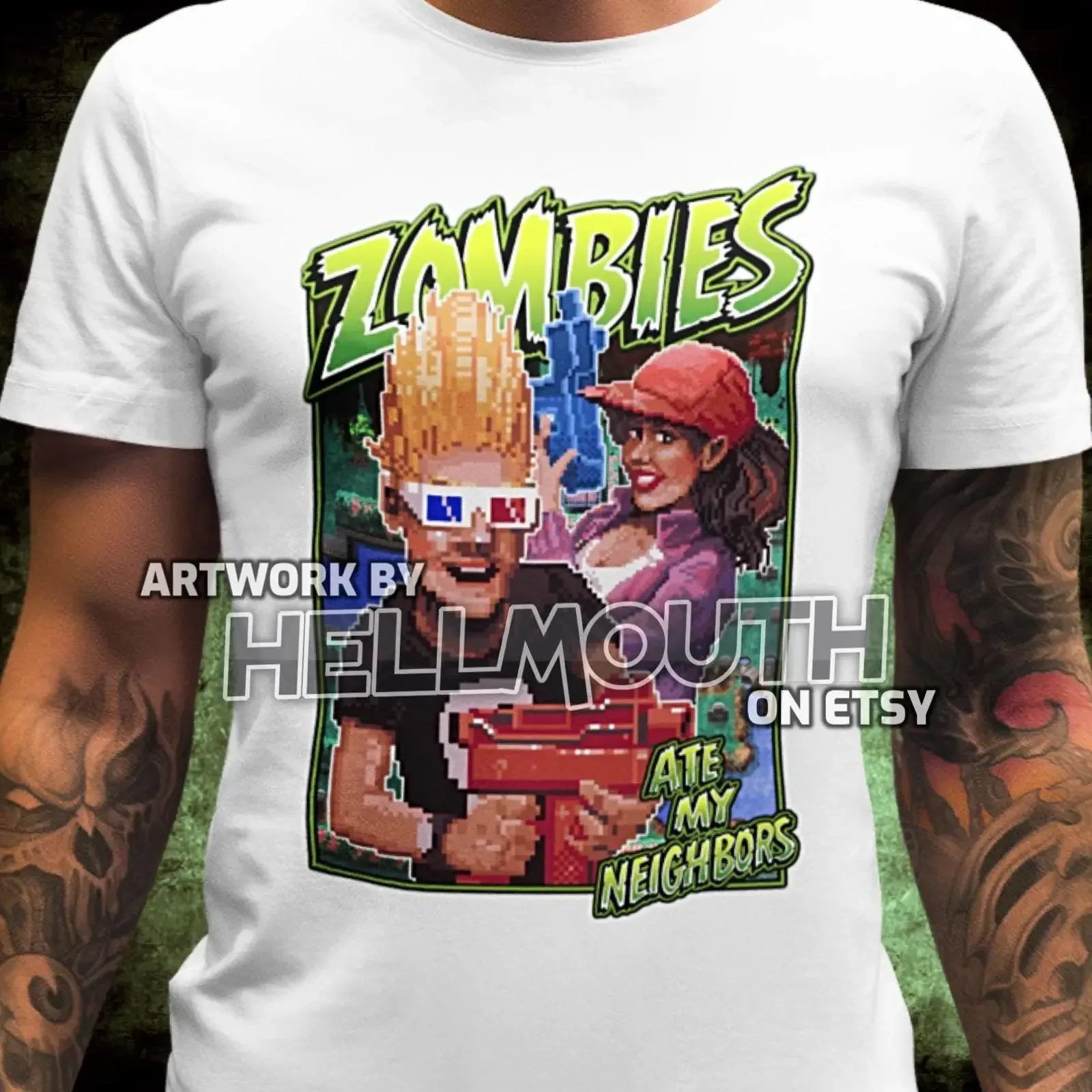 Camiseta retro de los años 90 con diseño de Zombies Ate My Neighbors, juego original de 1993, personalizada, blanca, todas las tallas, estilo vintage lavado