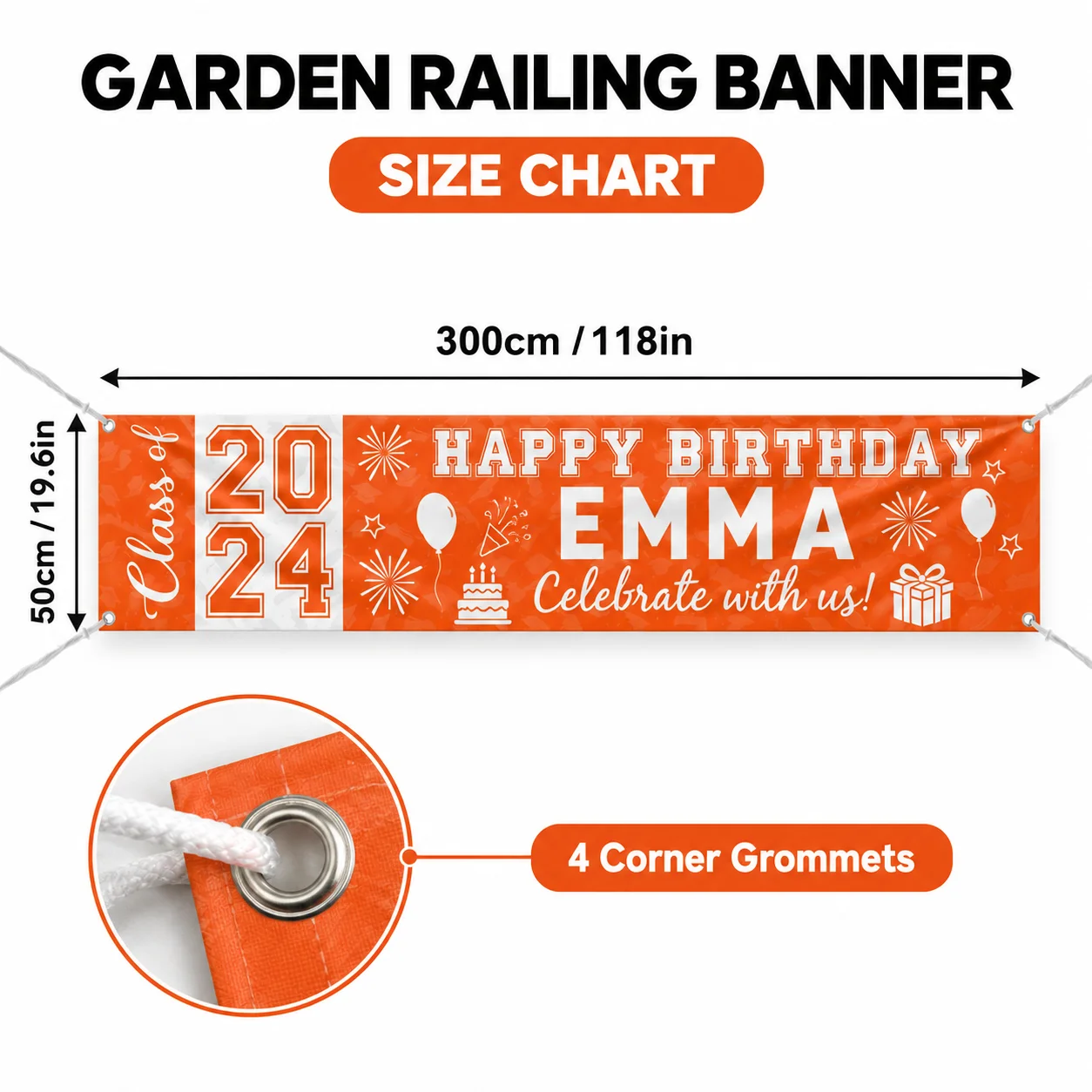 Custom Garden Railing Banner Personalized Photo Logo Polyester Pongee Flag 300x50cm with 4 Corner Grommets for Balcony Home Deco