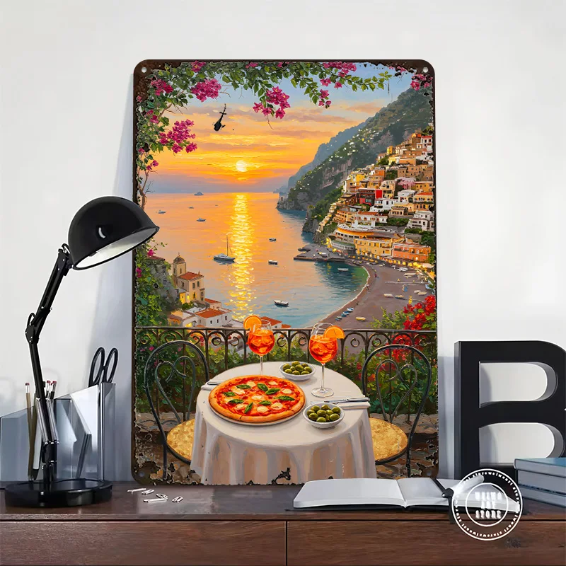 Italian Coast Dinner With Sunset View Printed Poster Customized Wall Art Retro Vintage Metal Tin Signs for Room Desk Decor House