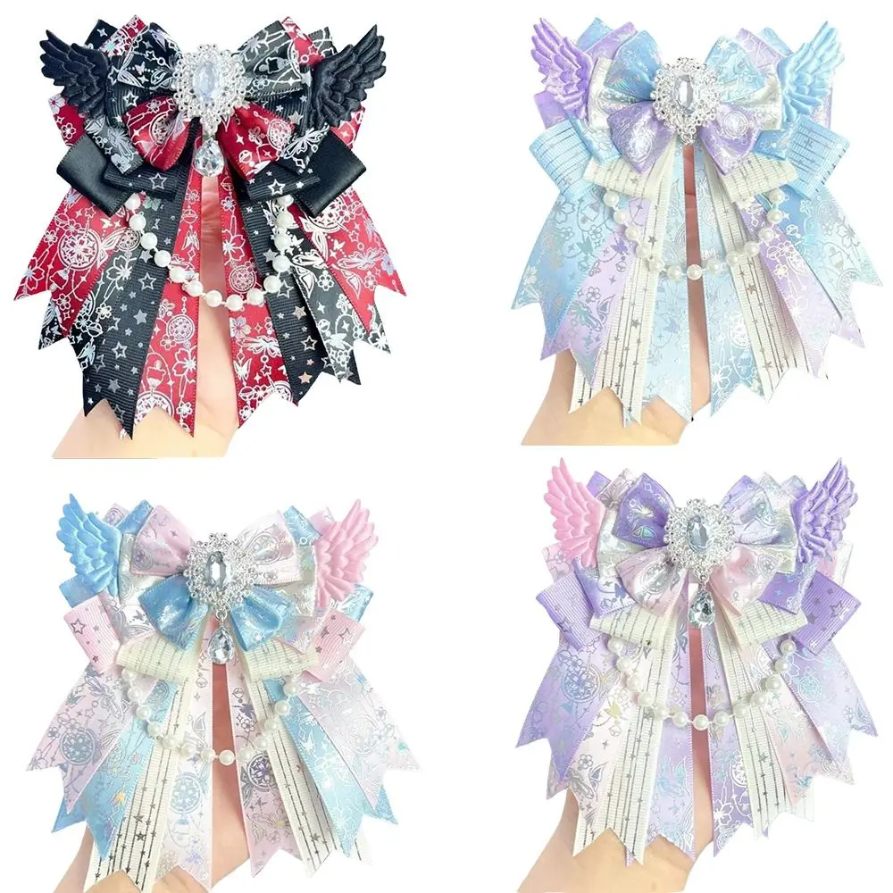 Gifts Double Layer Bow Brooch Bead Chain Gemstone Pendant Bow Pin Handmade DIY Angel Wings Brooch Cosplay Accessory