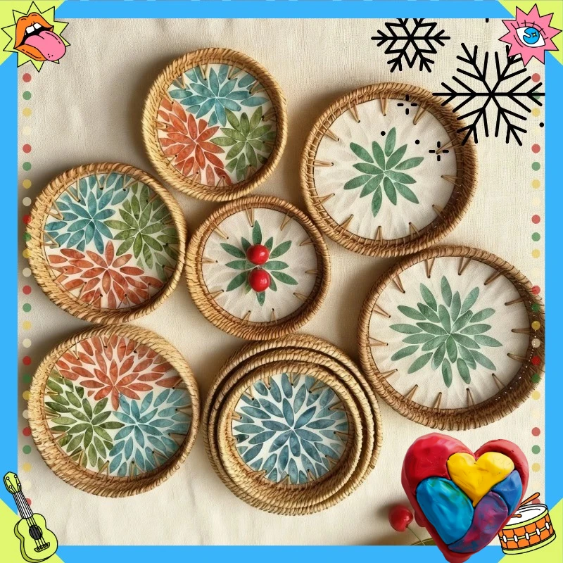 

Vintage Handmade Rattan Woven Tray Boho Style Natural Colorful Shells Weaving Basket with Wood Handle Home Decor Serving Trays