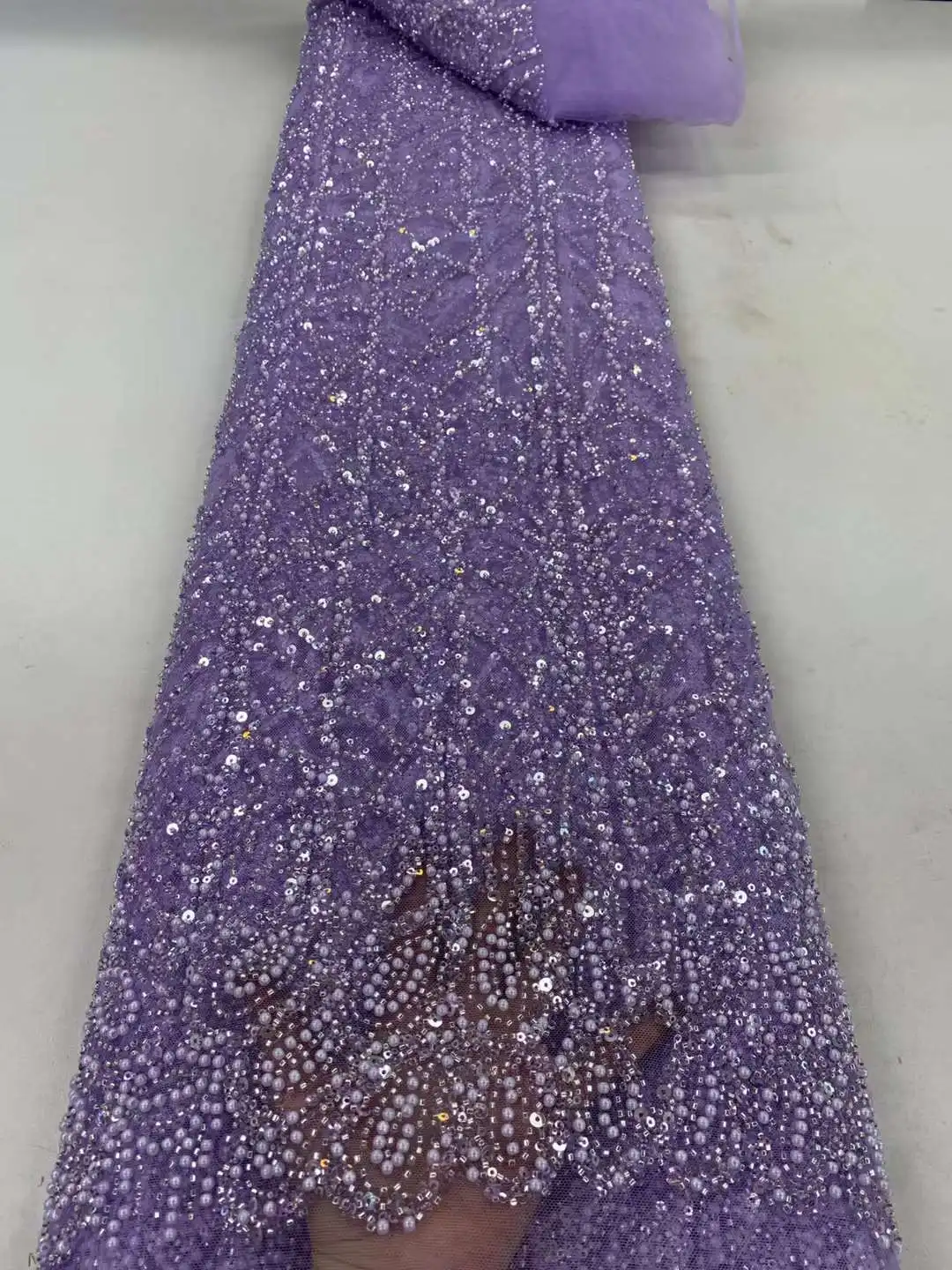 

African Heavy Beaded Lace Fabric 2024 High Quality Nigerian Sequins Beads French Tulle Lace Fabric Material For Wedding Dress