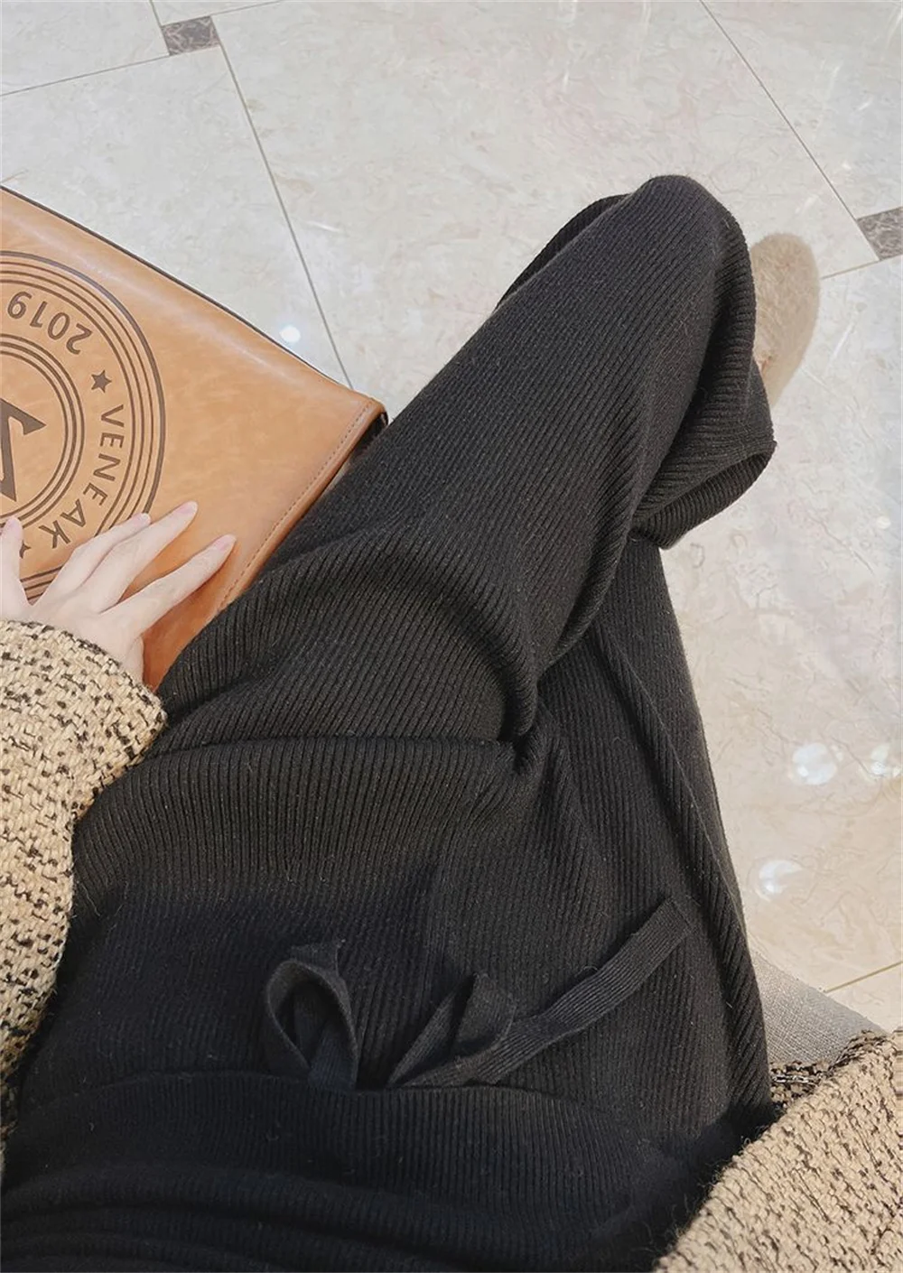 Pantaloni lavorati a maglia a righe Donna a vita alta Casul Y2k Harajuku Pantaloni dritti in maglia beige morbido Inverno coreano Y2k Abbigliamento a gamba larga