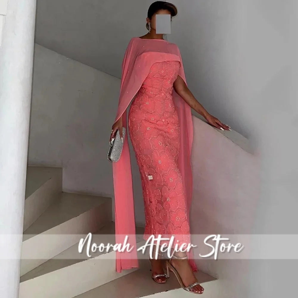 Peach Pink Evening Dress Chiffon Cape Strapless Sleeveless Exquisite 3D Flower Mermaid Party Gown Saudi Prom Dress Customized