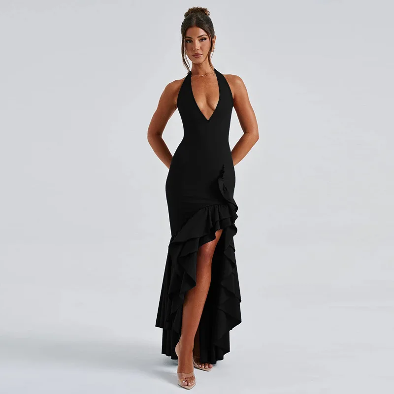 Sexy V Neck Halter Lace-up Long Dress Curvy Backless Sleeveless Split Ruffles Bodycon Maxi Dresses Female Black Evening Party