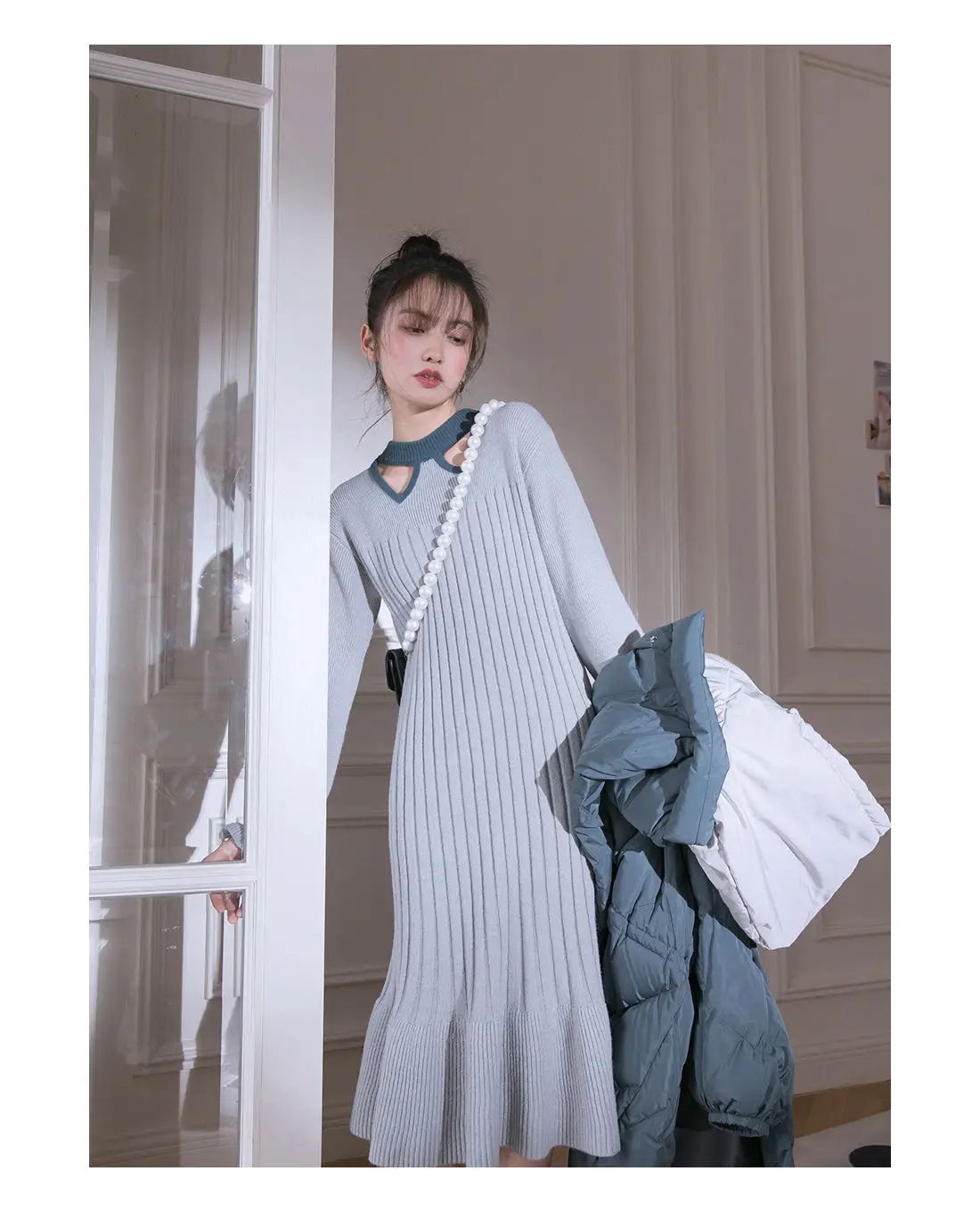 Women's Autumn and Winter Interior Outfit with High-end French Triangular Hollow Knitted Mid Length Dress