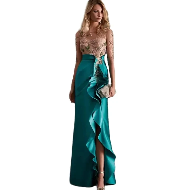 Ruffle Slit Long Mother Of The Bride Dresses Half Sleeves Lace Applique Beaded Teal Satin Guest Wedding Party Gowns Godmother Gr