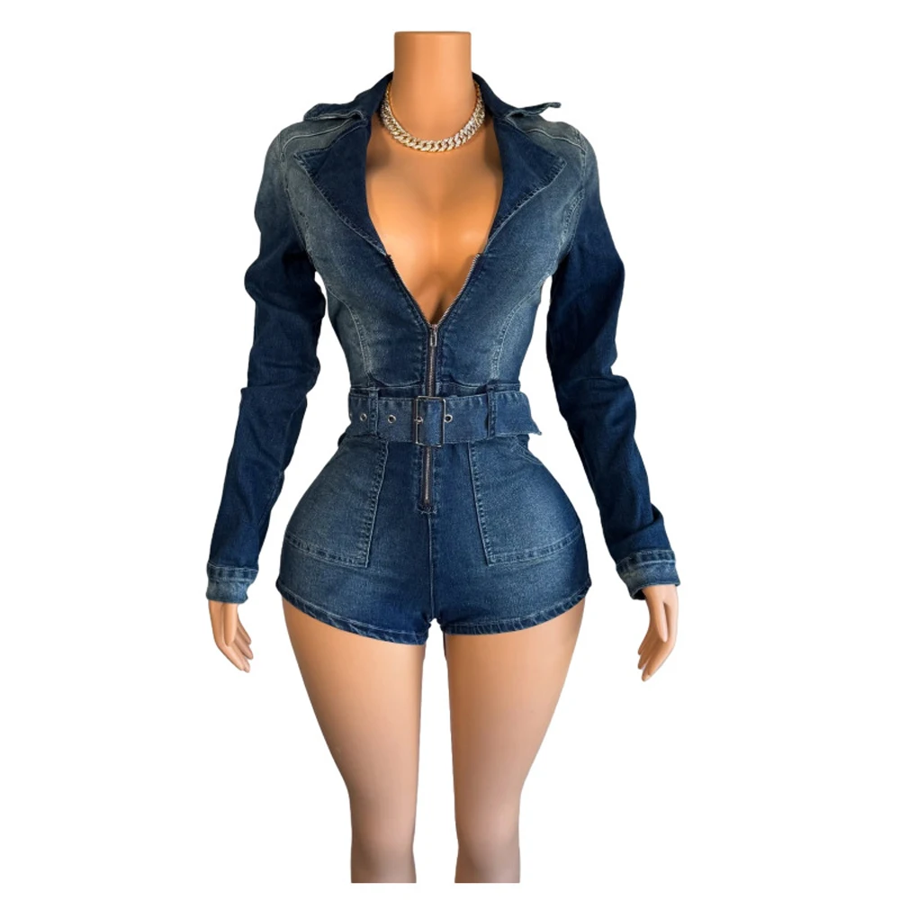 Lady Denim Long Sleeve Romper Streetwear Sexy Zipper V Neck Belt Jean Jumpsuit Shorts for Women New Arrivals 2025 Spring Clothes