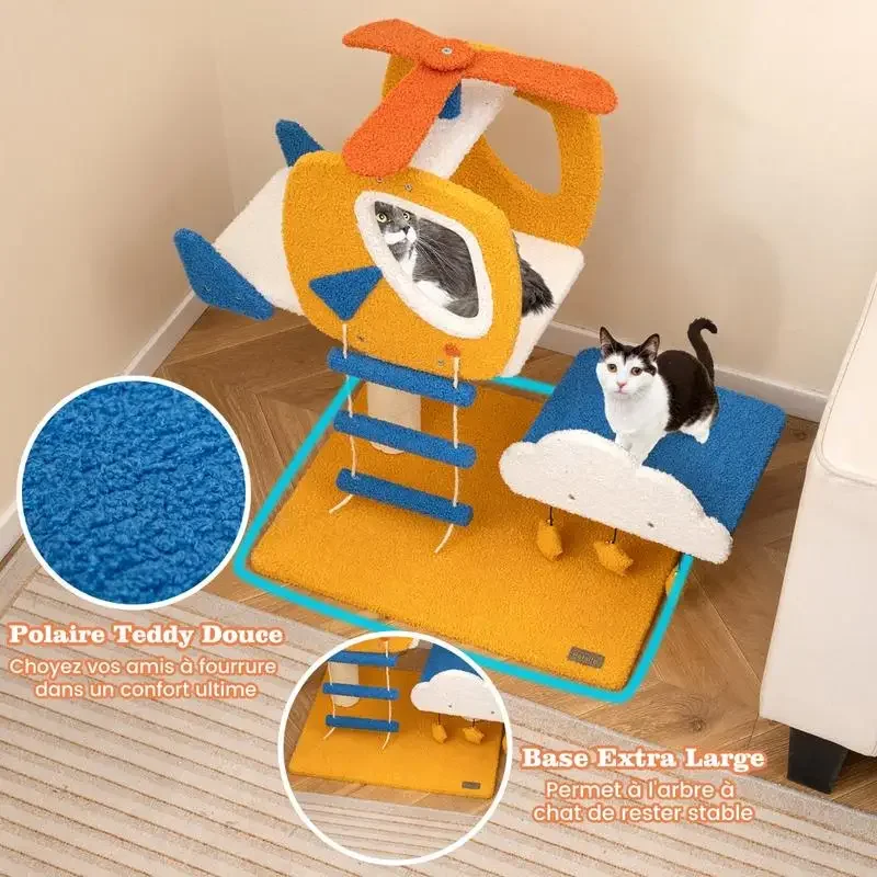 Árbol para Gatos Pequeño con Temática de Aviación, Torre para Gatos con Plataforma Superior en Forma de Helicóptero - Amarillo