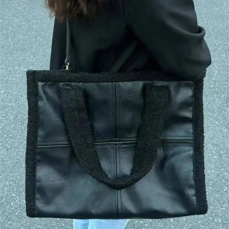Retro Panel Faux Shearling Tote Women Plush Leather Large Capacity Shoulder Bags Ladies 2025 New Autumn Winter Crossbody Bag