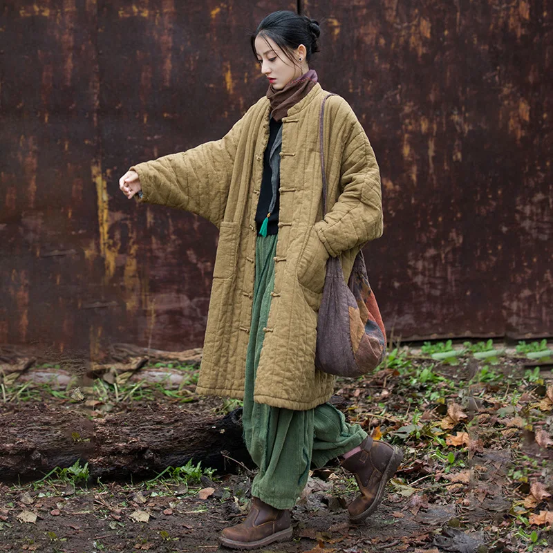 2025 Winter Women's Ramie-Cotton Quilted Coat: Vertical Stitching & Wandering Zen Style.