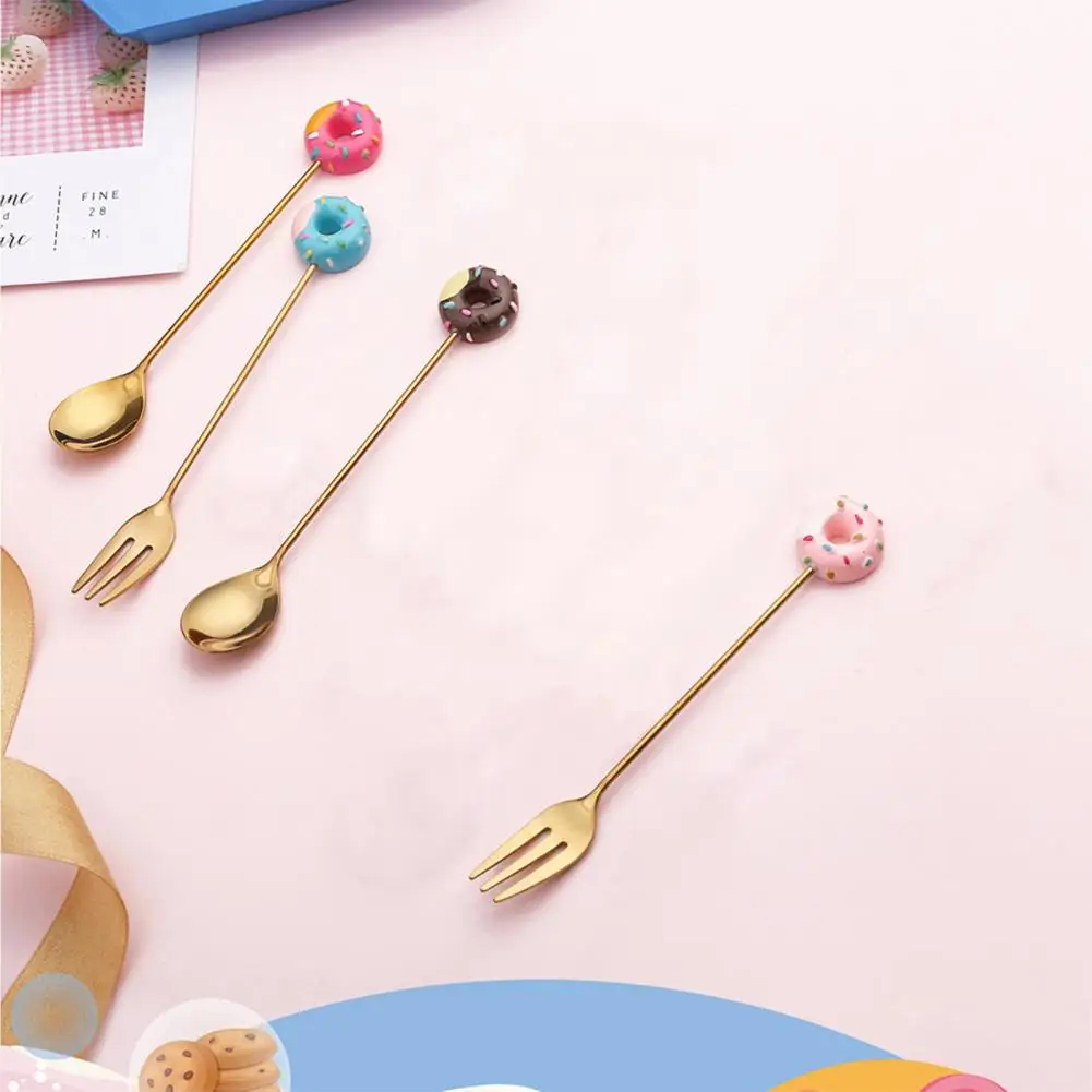 Cute Stainless Steel Cartoon Design Kid Spoon Donut Coffee Fork Dessert Tool  forks and spoon set  bento picks