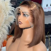 Peluca con malla Frontal 13x4, cabello humano Bob corto, marrón Chocolate, liso, 180% de densidad, pelucas frontales de encaje de color transparente # 4 Bob Pelo