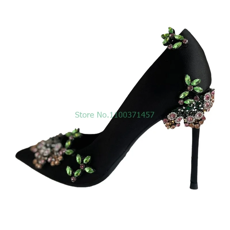 Crystral Flower Embroidery Pumps Shallow High Thin Heels Party Black Solid Summer Spring Pointed Toe Pumps Woman Novelty Shoes