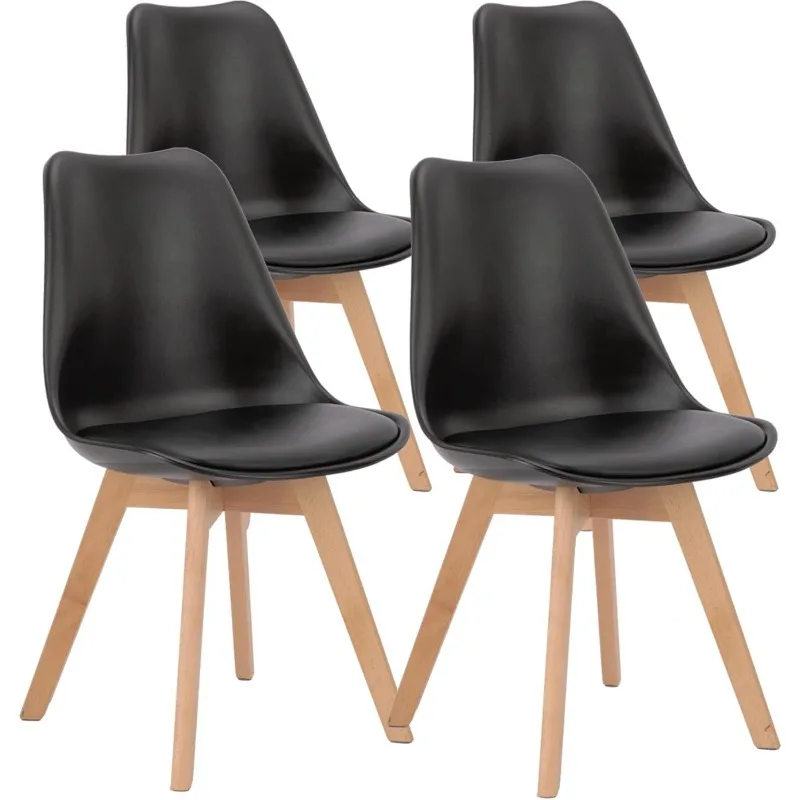 Set of 4 Kitchen Mid-Century Modern Chairs with Wood Legs and PU Leather Cushion for Living Room Bedroom Ou