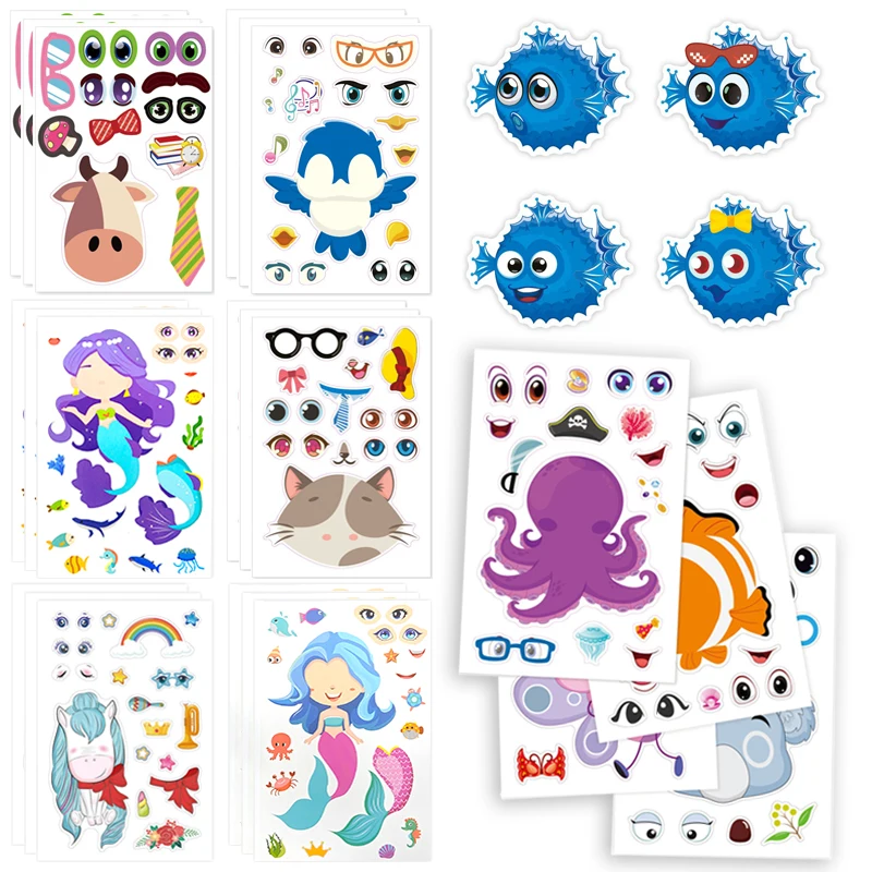 12 Sheets DIY Make a Face Stickers Animal Mermaid Adhesive Waterproof Puzzle Stickers Enlightenment Games Cute Gift Boy Girl ZYF