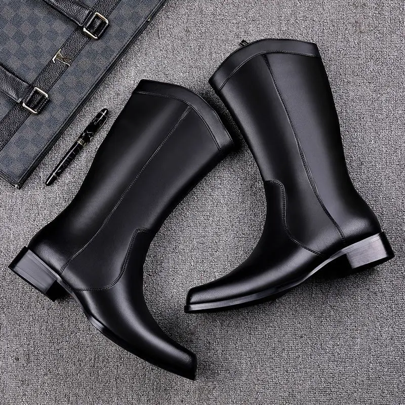 Retro  Boots Men Mid Calf Western Boots Men Pu Leather Boots Man Slip on Shoes Winter Knight Boots Booties Square Head B286