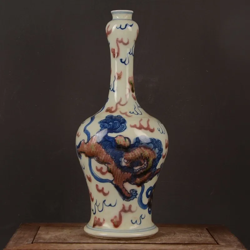 Chinese Blue and White Porcelain Vase Qing Kangxi Red Kylin Design 9.84 inch
