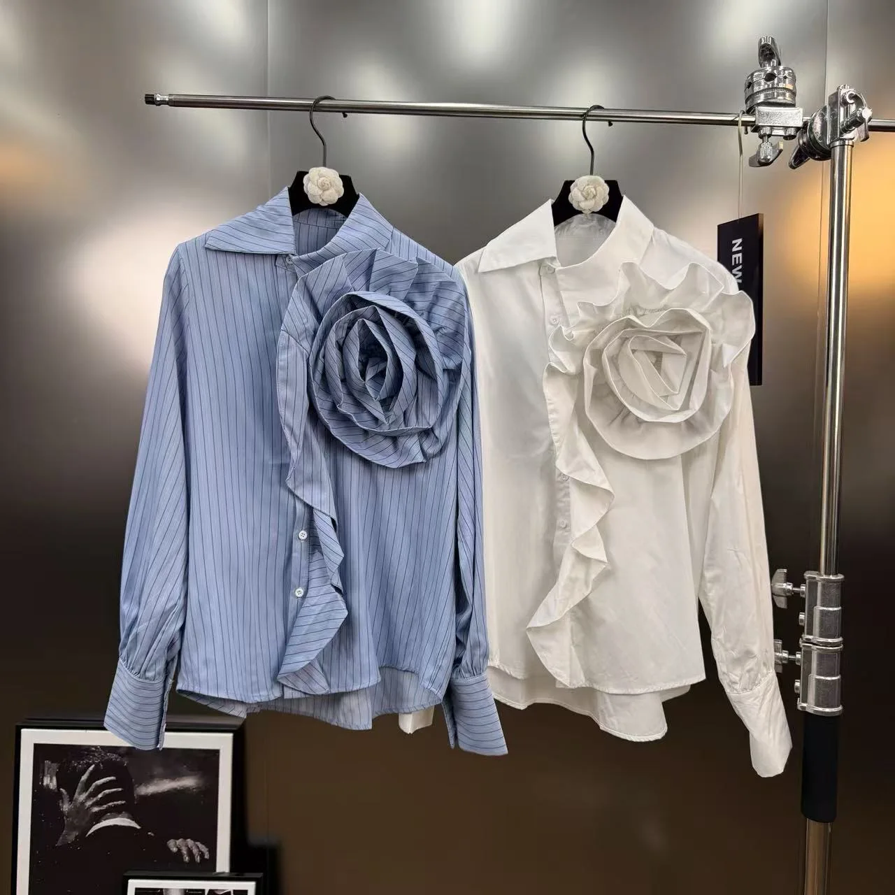 Chemise à rayures à grandes fleurs tridimensionnelles, haut élégant à volants à manches longues, Blusas florales 3D pour femmes, automne rétro