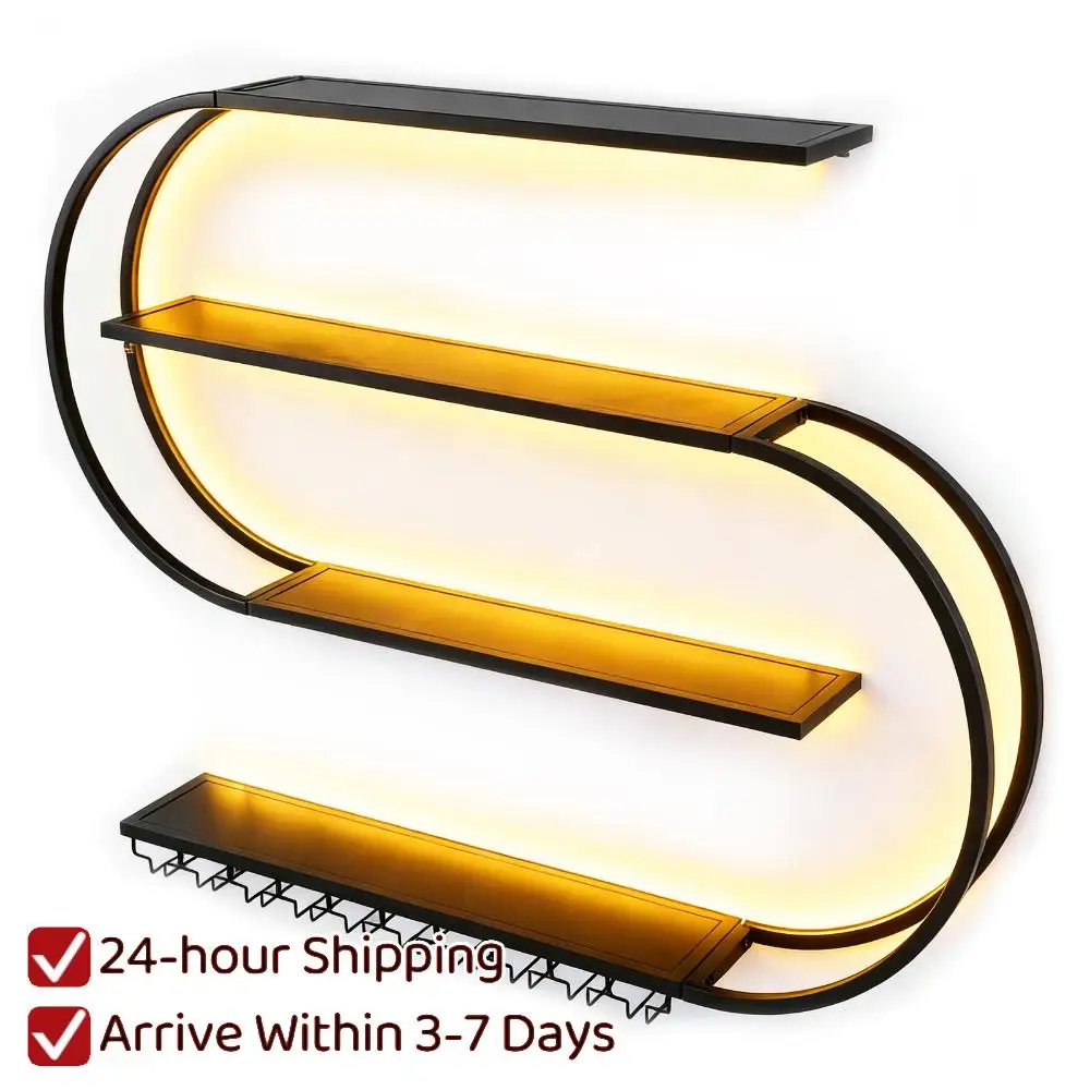 

Настенная винная полка на 4 уровня с LED-подсветкой, полукруглая, с держателями для бокалов, для дома, ресторана, коммерческого бара, кухни