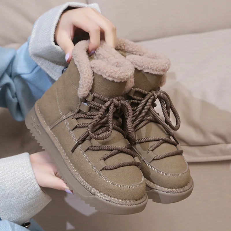 Ladies Winter Boots Warm Fur Inside Fashion Solid Khaki Color Woman Fashion Designer Suede Leather Shoes Lace-up Shoes Outdoor