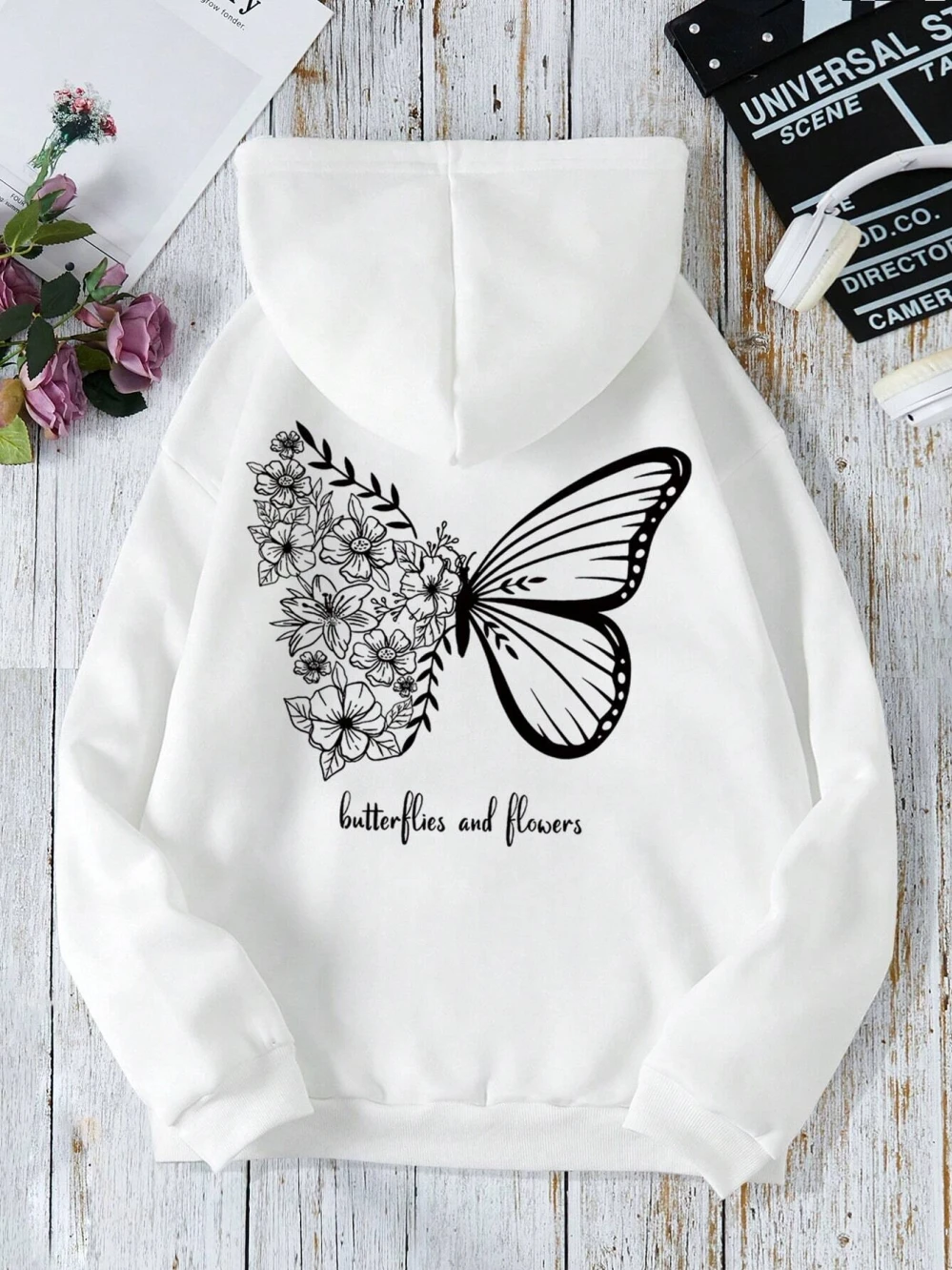 Butterflies And Flowers Simple Style Men Hoodies Fashion Crewneck Sweatshirt Casual Oversize Hoody Autumn Fleece Sportswears