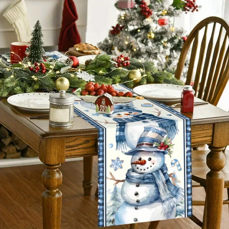 Warm Winter Table Runner Pink Gingham Edge Snowman Snowflake Candy Cane Print Polyester Table Flag For Buffet Display