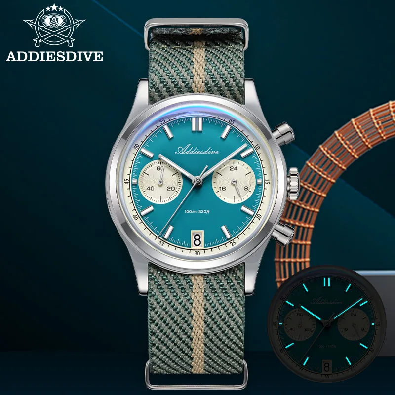 ADDIESDIVE NEW Men's Watches VK64 Movement Quartz Wristwatch Waterproof 100m Chronograph AR Coating 38mm Luxury Watch Man AD2095