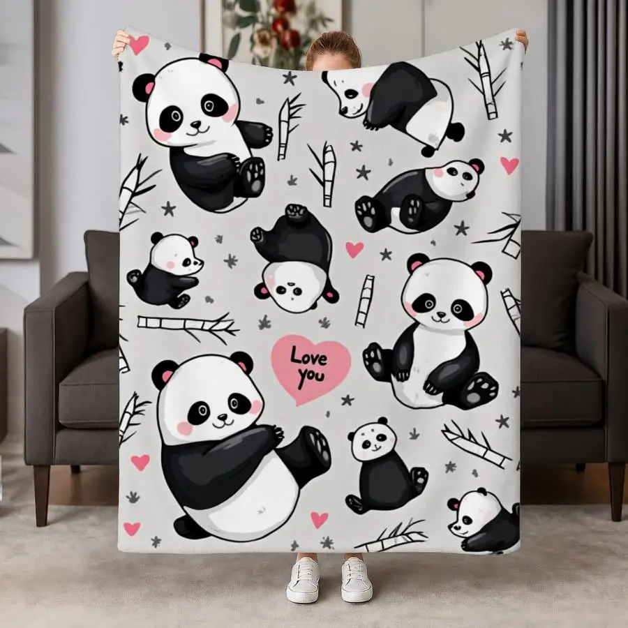 Cozy Panda And Bamboo Flannel Throw Blanket - Soft, Warm Doodle Design with Hearts And Stars Ideal for Couch, Bed, Office & Travel Perfect Gift for Friends And Family Machine Washable Weighted Blanket 280GS