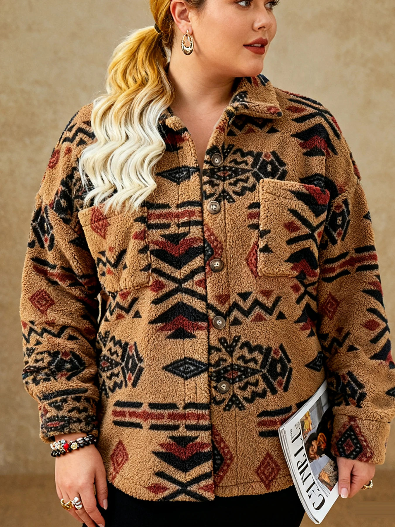 Plus Size Navajo Aztec Tribal Print Sherpa Shacket Lapel Collar Button Down Long Sleeve Chest Pocket Oversized Loose Curvy Fall