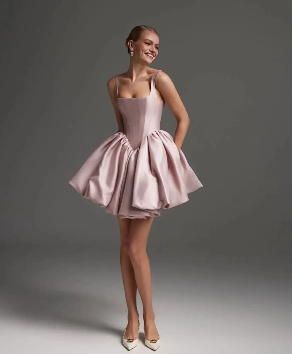 Maßgeschneidertes Elegantes Abendkleid mit Quadratischem Ausschnitt Rosa Satin-Korsett Ballkleid Mini-Bubble Formelles Partykleid für Damen Cocktailparty