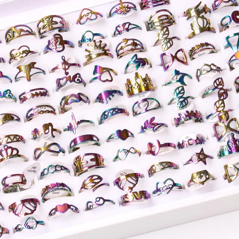 50pcs/lot Mixed Styles Colors Couple Fashion Wedding Stainless Steel Love Wholesale Jewelry Rings