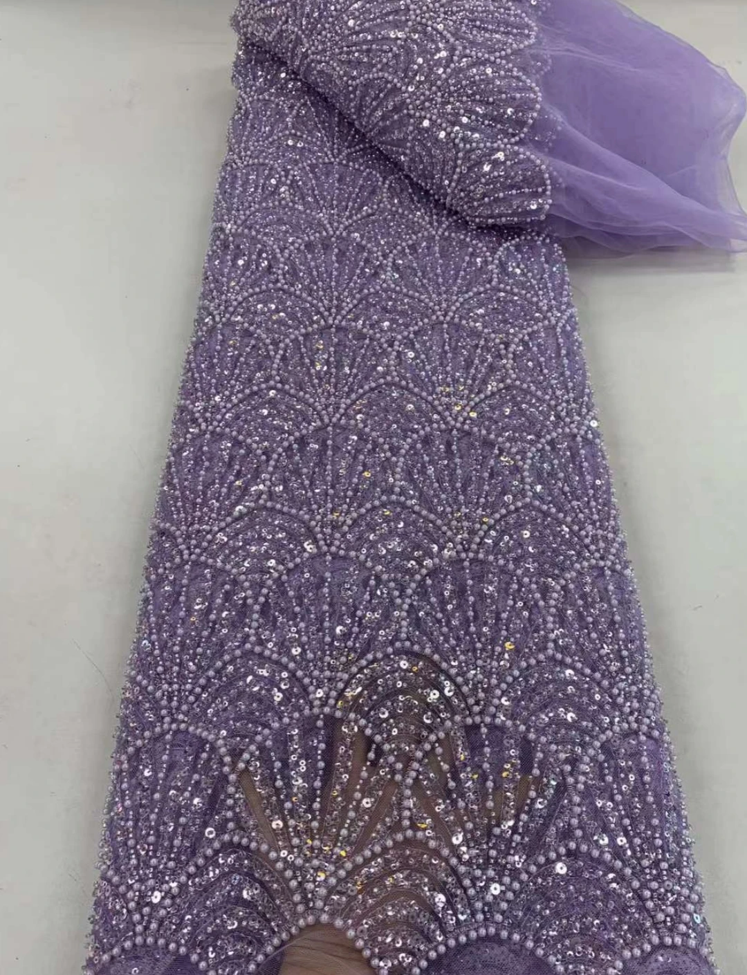 

Lavender Fashion Latest Africa Embroidered Tulle Net Fabric With Beads High Quality Luxury Sequins Net Lace Evening Party Dress