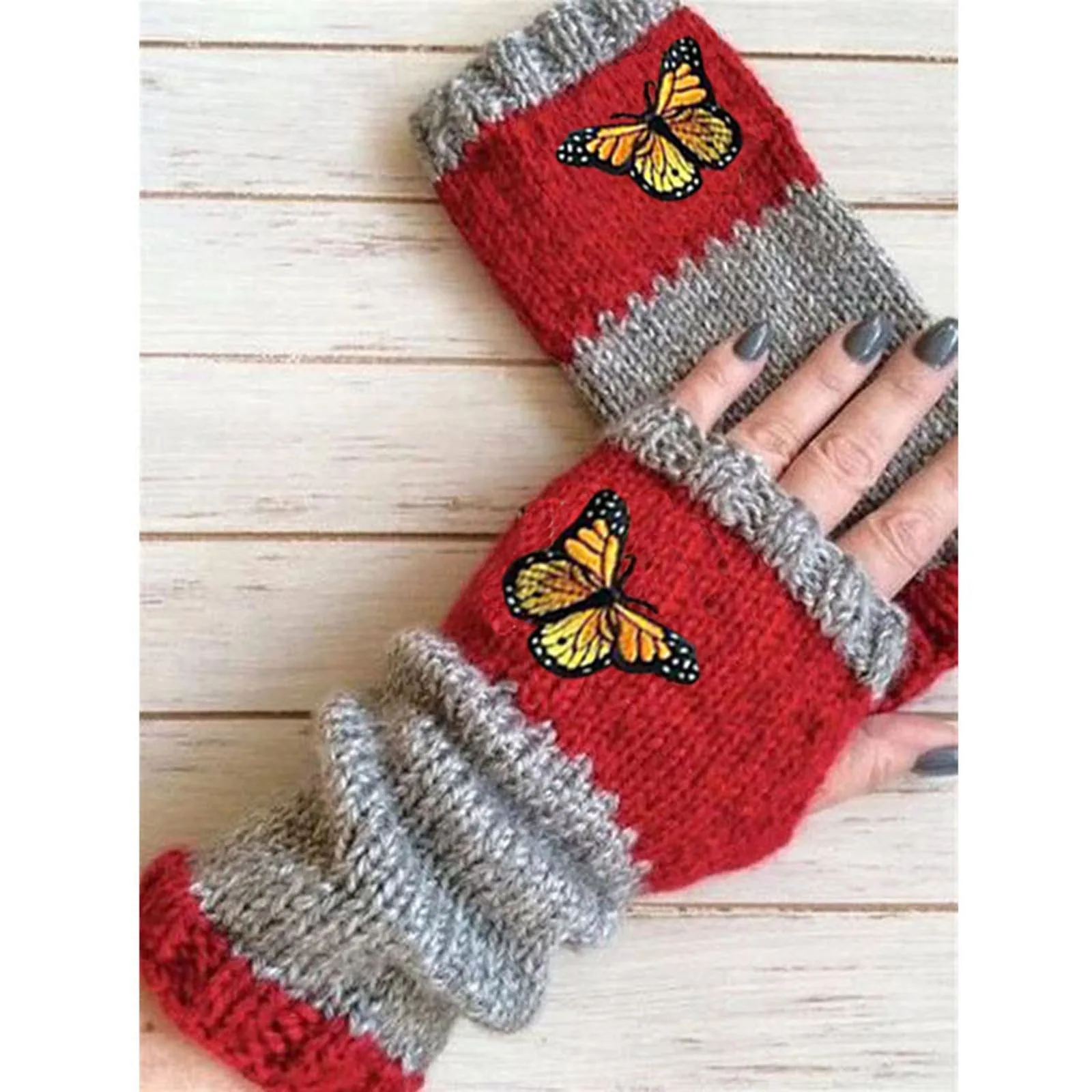 Women\'s Fingerless Gloves Christmas Gift Embroidered Bird Gloves Women\'s Cotton Fingerless Gloves Knit Block Splice Mittens