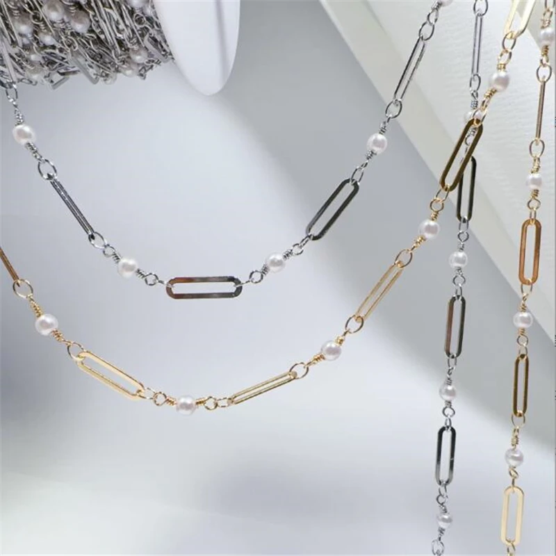 New Gold Color Plated Square Imitation Pearl Bead Link Chains DIY Jewelry Making Necklace Tassel Chain Craft Garment Accessories