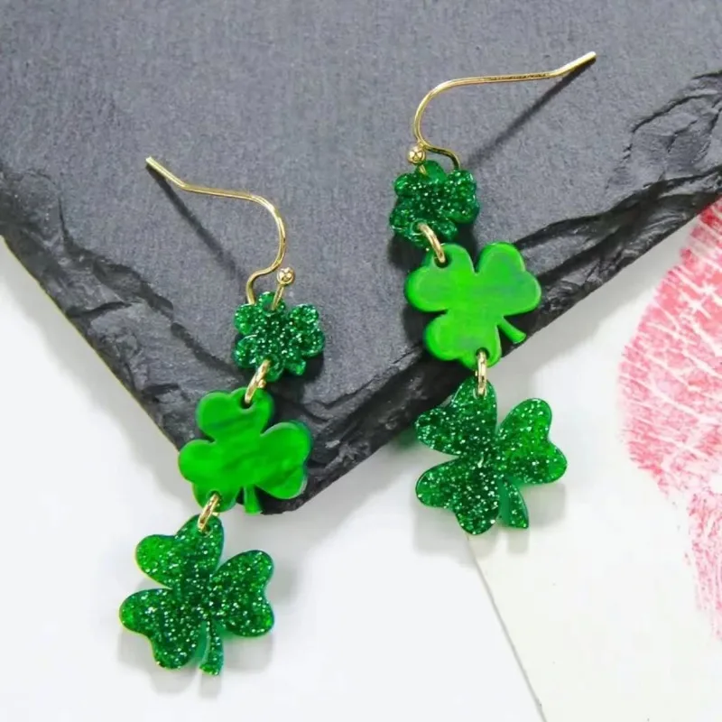 Fashion Green Clover Earrings For Women Fashoin Glitter Acrylic Drop Earrings Holiday St. Patrick Jewelry Gift