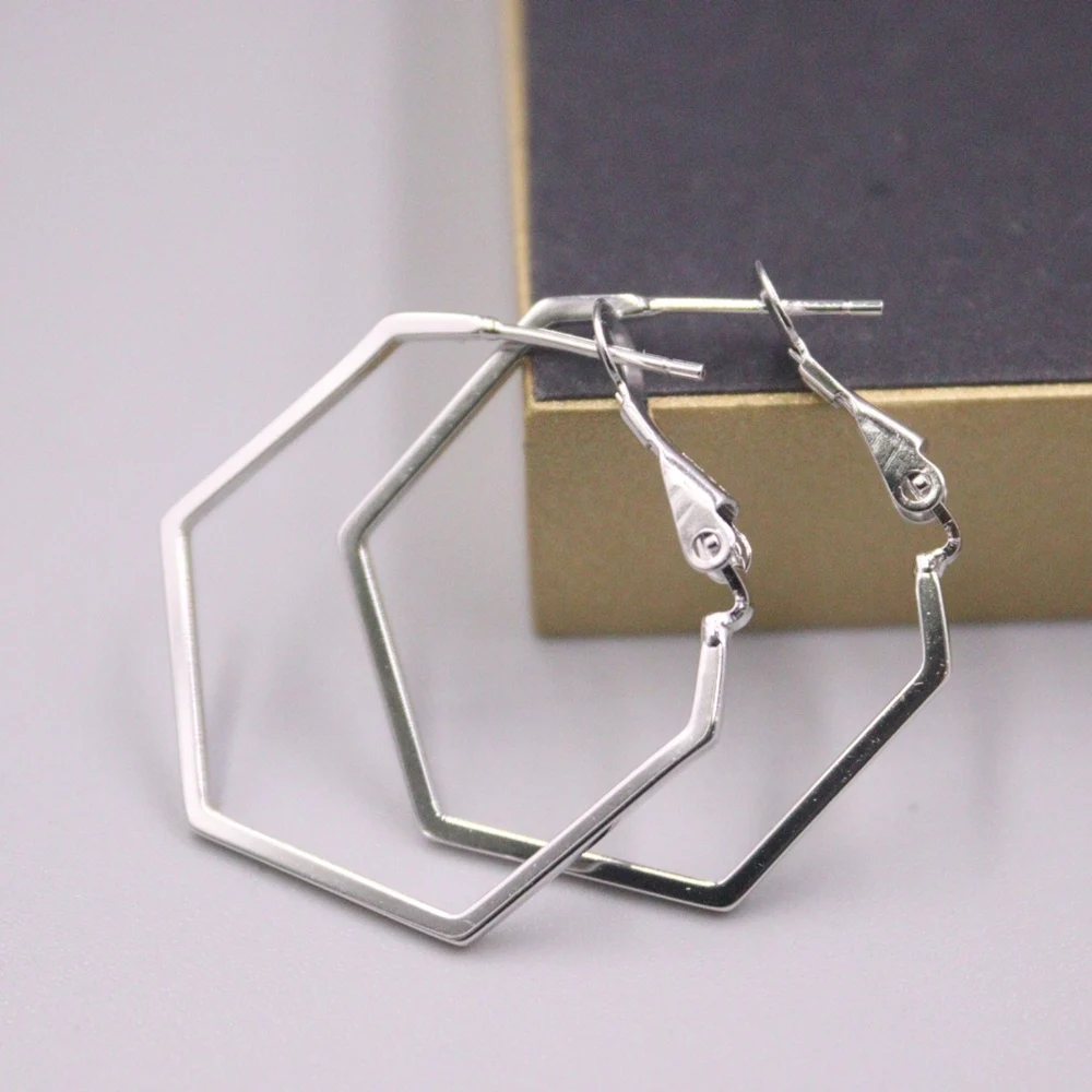 

Real Solid 925 Sterling Silver Hoop Women Lucky Hollow Glossy Geometry Hexagon Stud Earrings