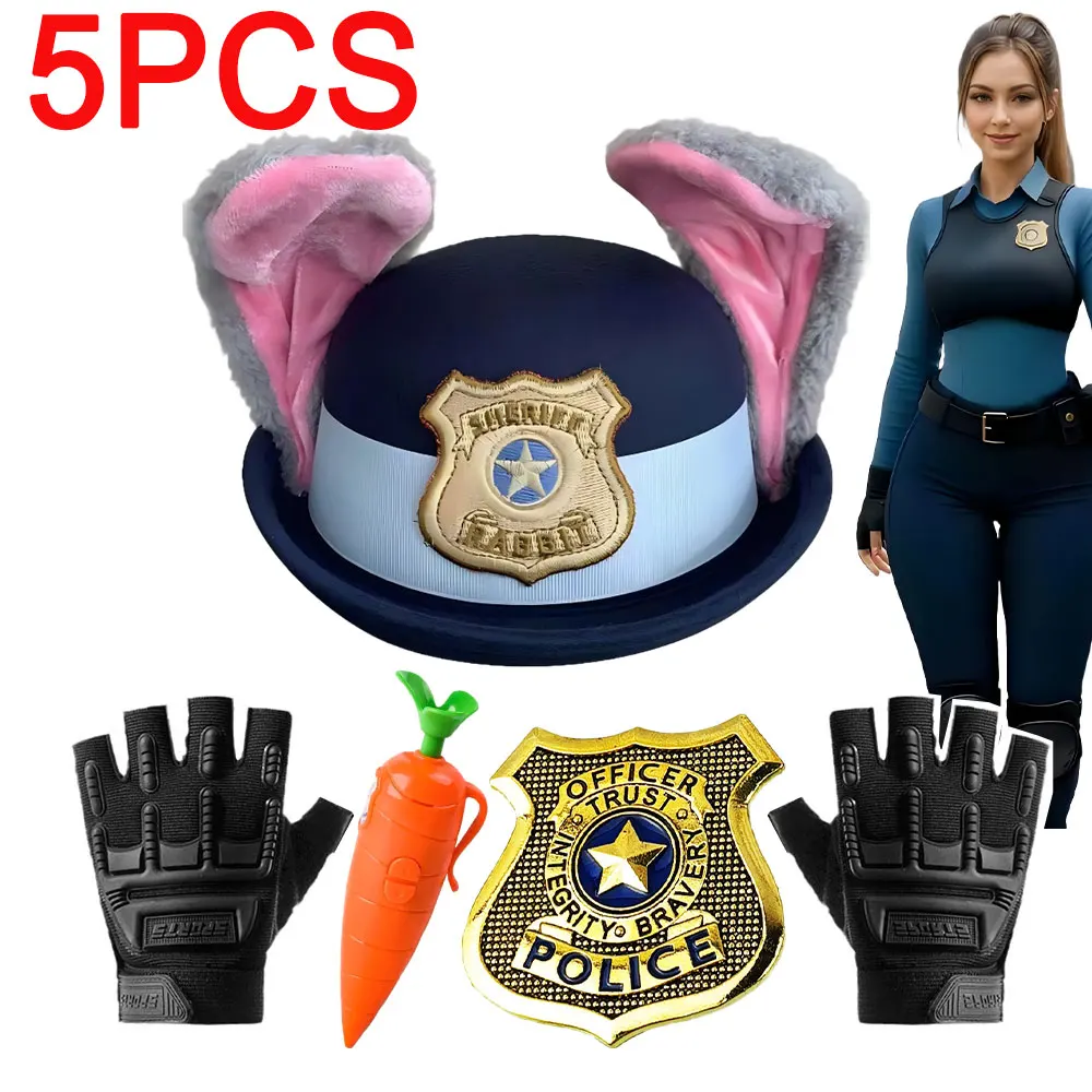 

5 Pieces Set Bunny Ploice Offier Cosplay Accessory Headwear Gloves Badge Voice Recorder for Girls Judy Role Play Outfir Props