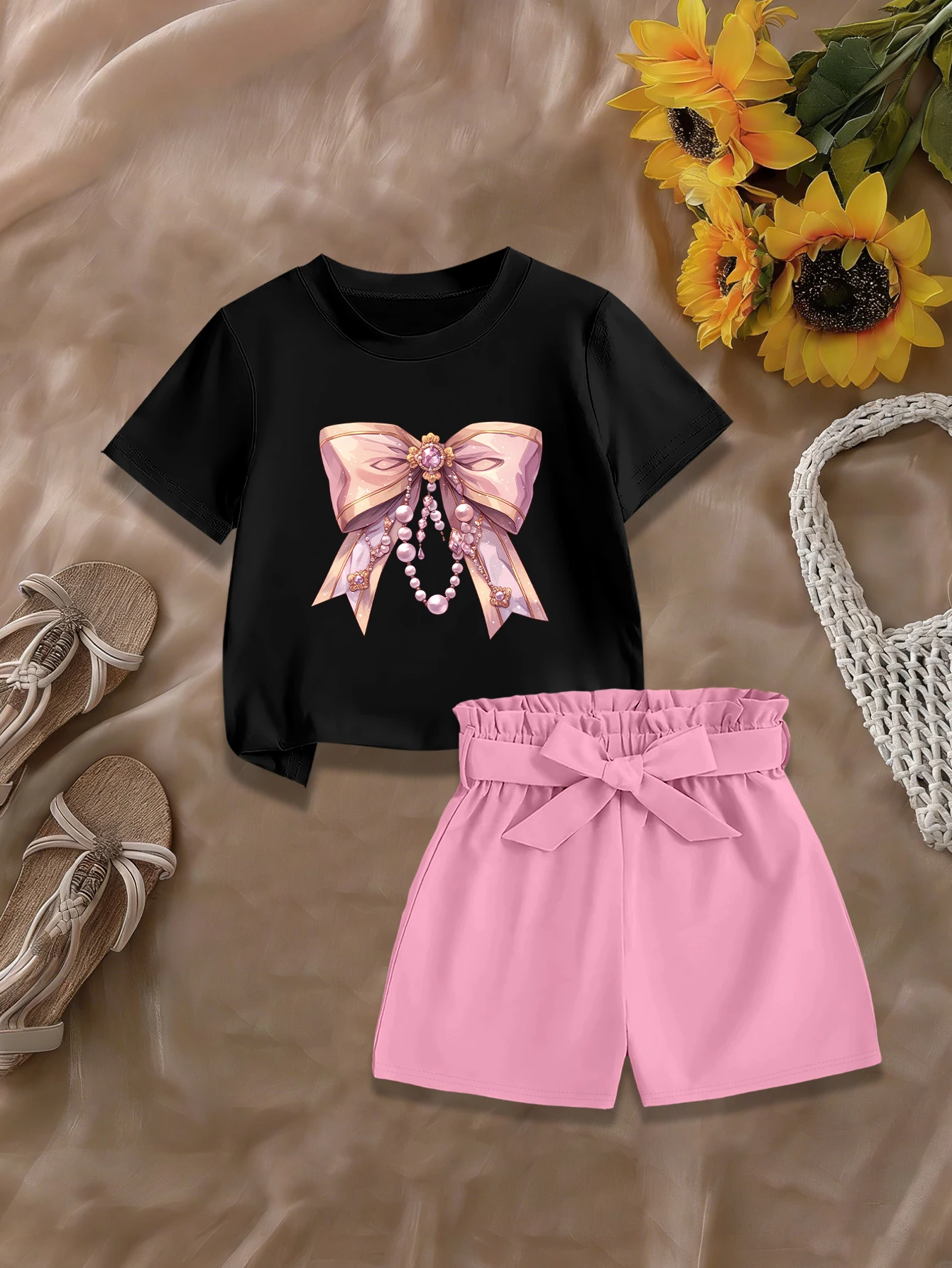 

2 pieces: Girls Summer Sweet Set Cartoon Yellow Pink Pearl Bow Print T-shirt Bow Woven Shorts