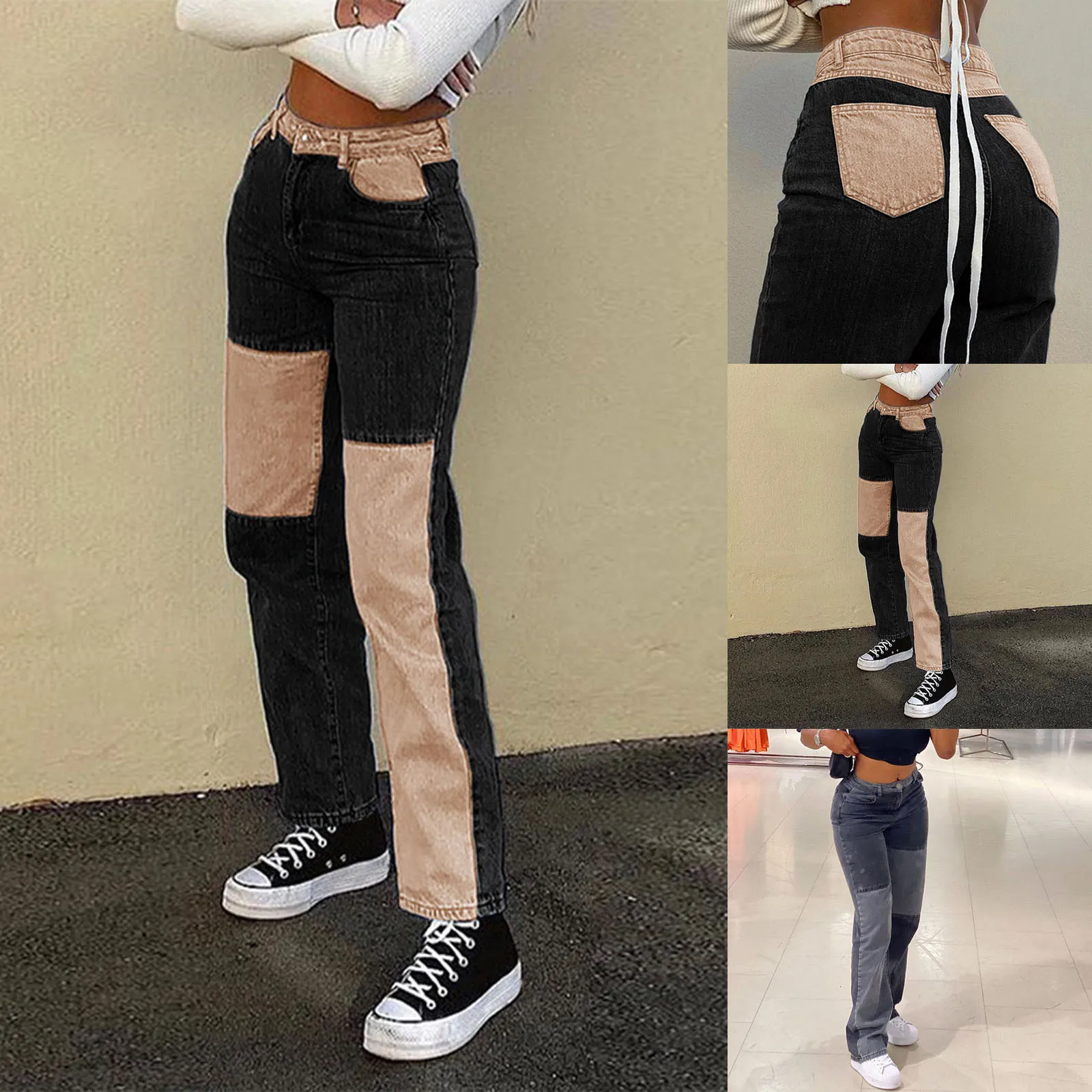 Women Fashion Casual Matching Color block Straight-Leg Slim Jeans Pants Streetwear Loose Trousers Women