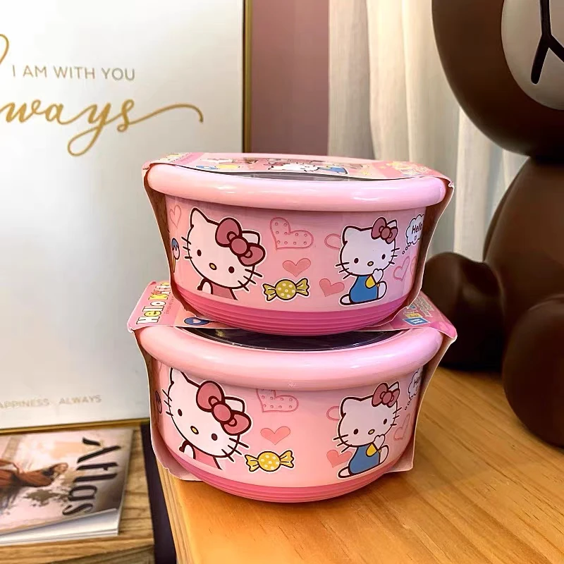 New Sanrio Bowl Hello Kitty Stainless Steel Ramen With Lid Large Instant Noodles Fruit Salad Rice Soup Bowl Kitchen Tableware