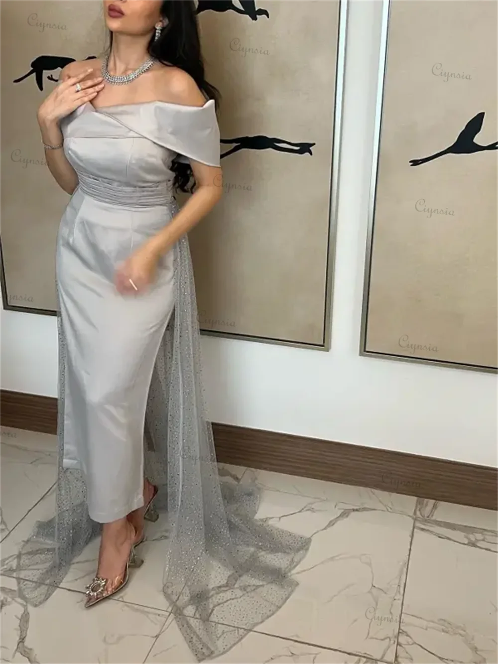 Ciynsia Elegant Off the Shoulder Mermaid Prom Dresses Ankle-Length Arabic Dubai Evening Party Dress Side Train فساتين السهرة