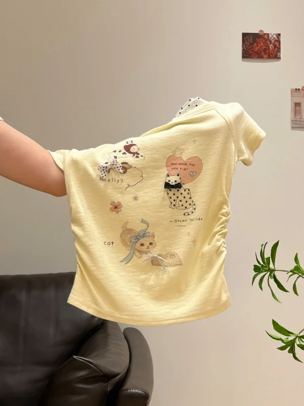 Japanese Style Slim Fit Short Sleeve T-Shirt Women's Shoulder Bared Print Casual Summer Top Skin Friendly Breathable
