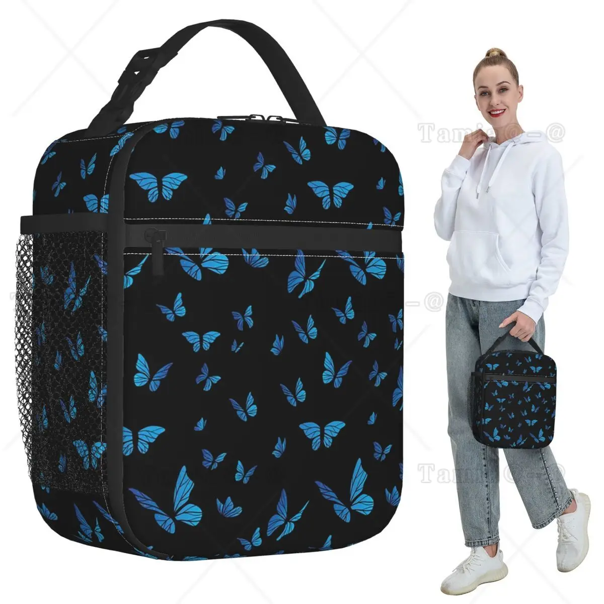 Blue Butterfly Pattern Insulated Lunch Bag for Kids School Cooler Thermal Food Box Tote Portable Lunch Boxes Container