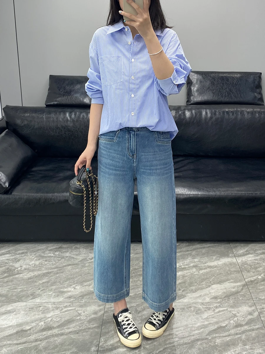

Pocket Small Size Embroidered Straight Leg Jeans Women's Nine Point Slimming Casual Wide Leg Thin Version Pants