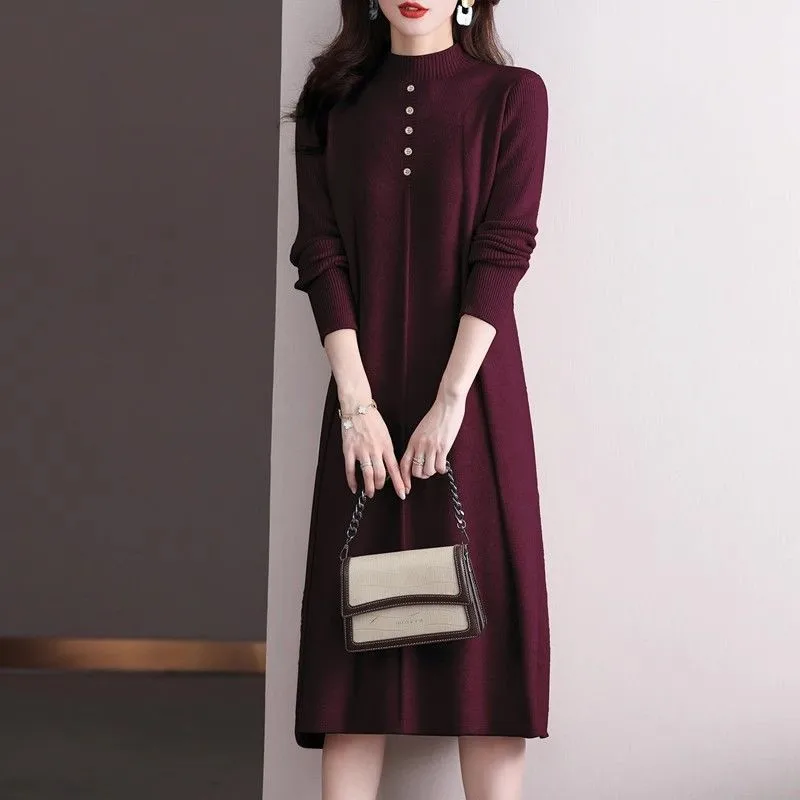 여성용 세미 하이 칼라 니트 스커트, 원피스 보터밍 셔츠, 가을 및 겨울 스웨터 스커트, 2025 신상 기질