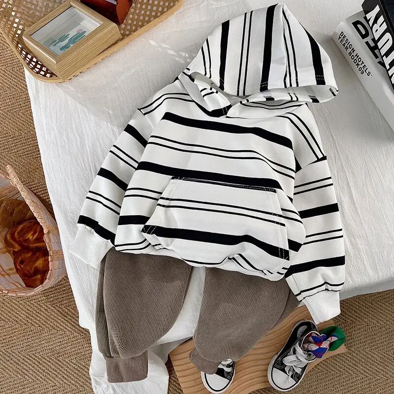 أطفال مجموعة الأولاد الخريف الزي المألوف جديد للأطفال مقنعين مخطط بأكمام طويلة البلوز + السراويل الطويلة 2 قطعة مجموعة 80-120 سنتيمتر